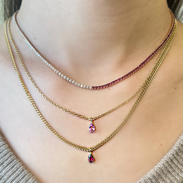 RUBY PEAR PENDANT ON BABY CURB CHAIN
