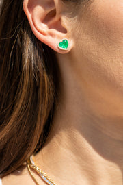 COLOMBIAN EMERALD HEART STUD EARRING WITH DIAMOND HALO
