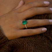 EMERALD CUT EMERALD RING WITH DIAMOND BAND