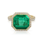 EAST WEST BEZELED COLOMBIAN EMERALD CUT EMERALD RING