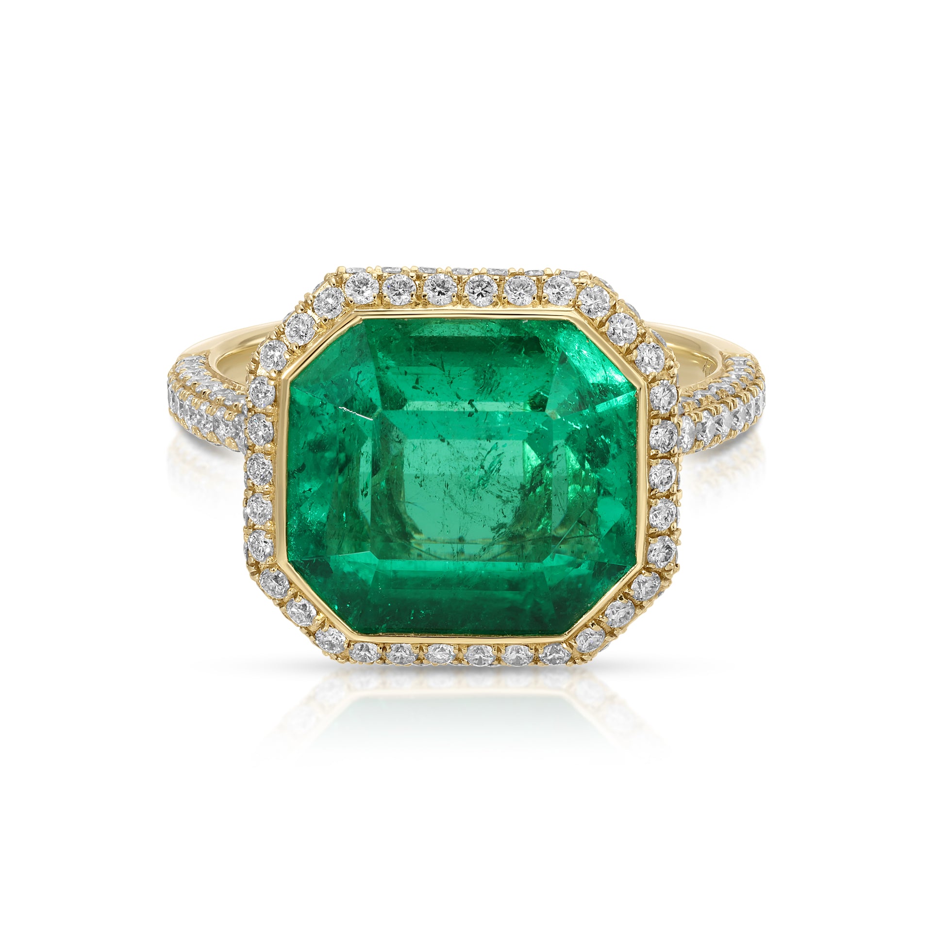  EAST WEST BEZELED COLOMBIAN EMERALD CUT EMERALD RING