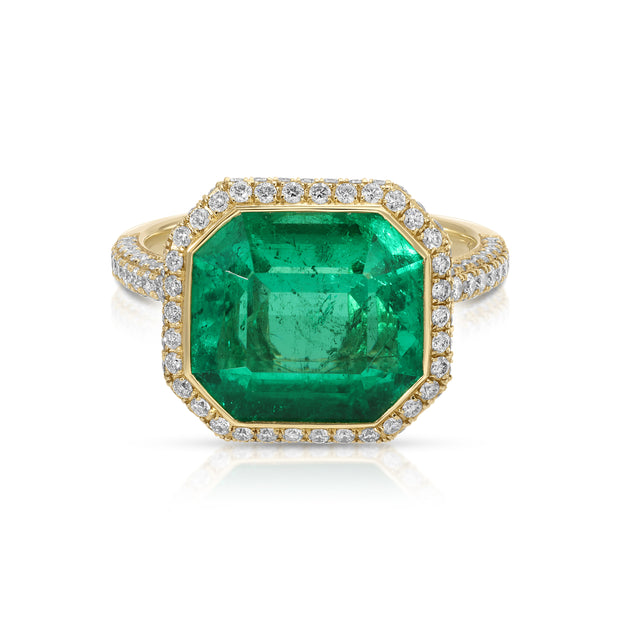 EAST WEST BEZELED COLOMBIAN EMERALD CUT EMERALD RING