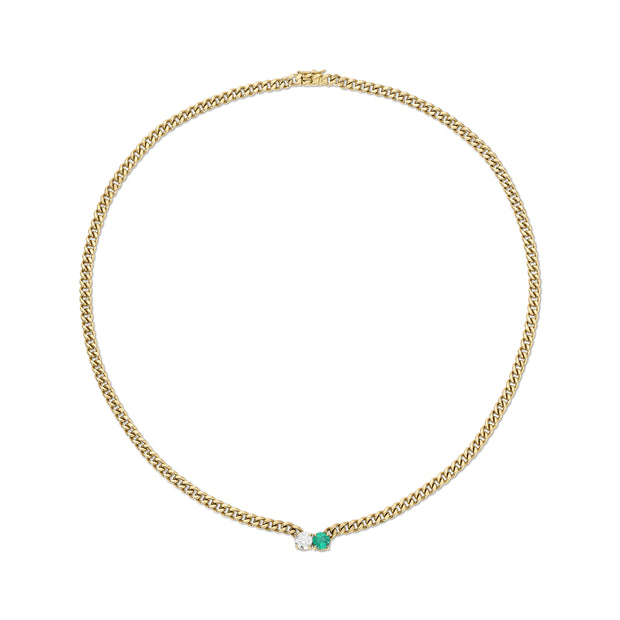 SMALL CUBAN CHAIN CHOKER WITH ROUND EMERALD AND DIAMOND CENTER