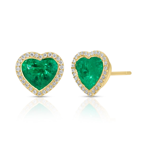 COLOMBIAN EMERALD HEART STUD EARRING WITH DIAMOND HALO