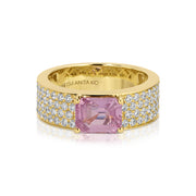 WIDE DIAMOND BAND WITH EMERALD CUT PINK SAPPHIRE CENTER