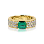 WIDE DIAMOND BAND WITH EMERALD CUT COLOMBIAN EMERALD CENTER