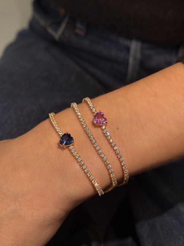 DIAMOND HEPBURN BRACELET WITH PINK SAPPHIRE HEART CENTER 1.86 CTS