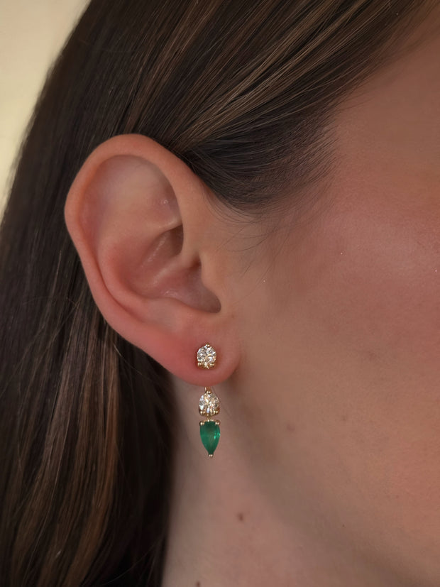 ROUND ORBIT EARRINGS WITH COLOMBIAN PEAR EMERALD DROP