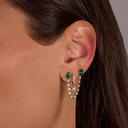DOUBLE PIERCING PEAR EMERALD LOOP EARRING WITH DIAMOND CHAIN