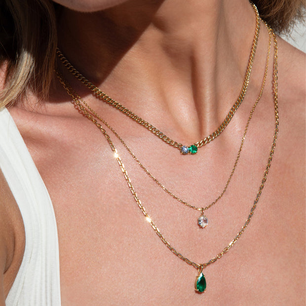 SMALL CUBAN CHAIN CHOKER WITH ROUND EMERALD AND DIAMOND CENTER