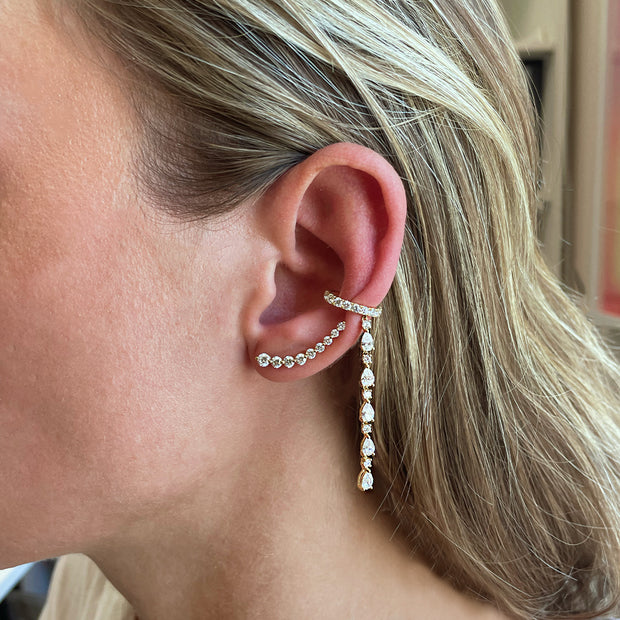 SINGLE ROW DIAMOND EAR CUFF WITH 5 PEAR AND ROUND DIAMOND DROPS