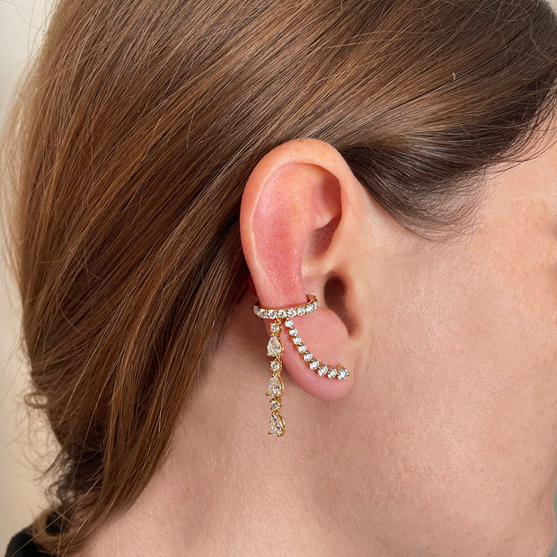 SINGLE ROW DIAMOND EAR CUFF WITH 3 PEAR AND ROUND DIAMOND DROPS