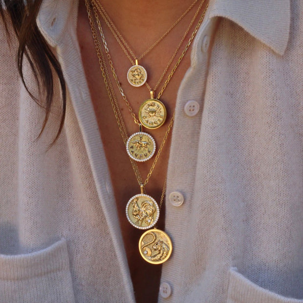 SMALL ZODIAC COIN PENDANT WITH DIAMOND FRAME