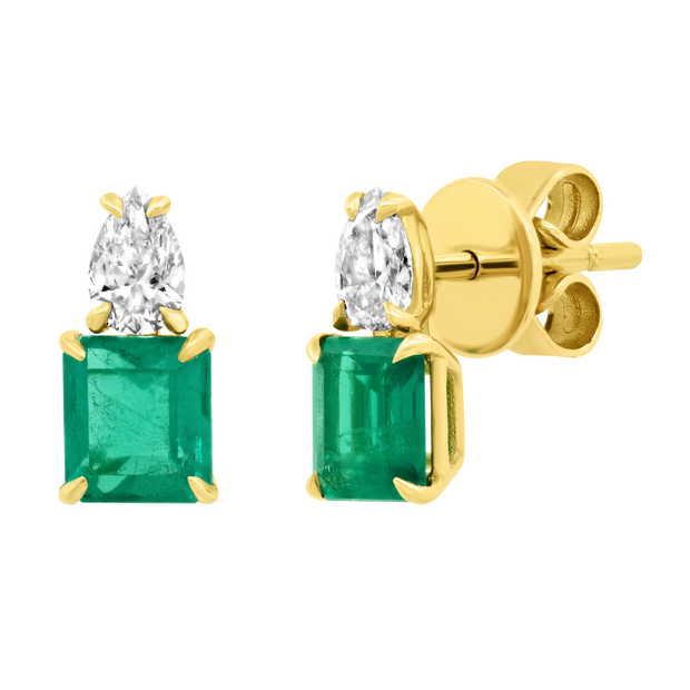 PEAR DIAMOND STUD & EMERALD CUT EMERALD