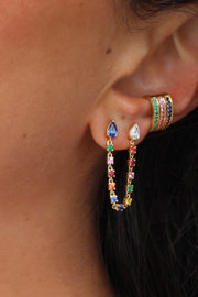 DOUBLE PIERCING LOOP EARRING WITH DIAMOND AND BLUE SAPPHIRE PEAR STUDS