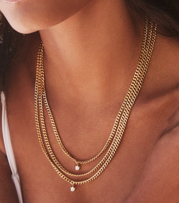 THREE LAYERED CHAIN CUBAN LINK NECKLACE WITH TWO ROUND DIAMONDS