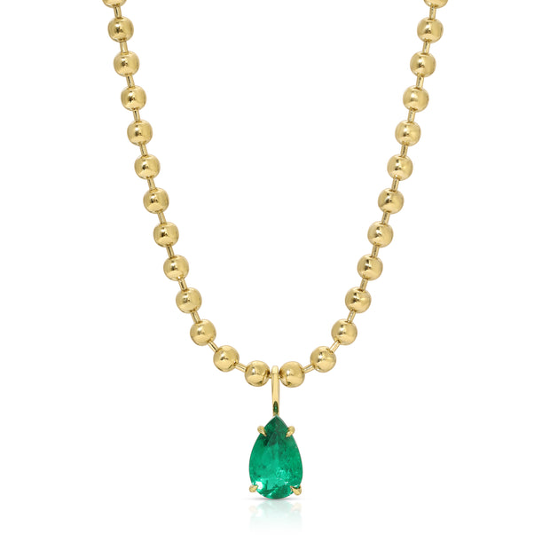 BALL CHAIN NECKLACE WITH PEAR SHAPED EMERALD PENDANT
