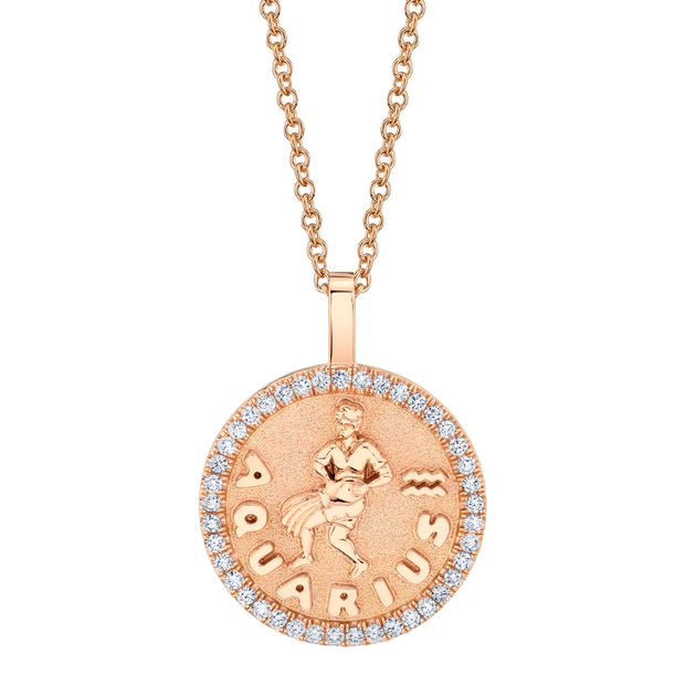 AQUARIUS ZODIAC COIN PENDANT WITH DIAMOND FRAME