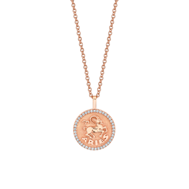 SMALL ZODIAC COIN PENDANT WITH DIAMOND FRAME