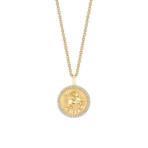 SMALL ZODIAC COIN PENDANT WITH DIAMOND FRAME