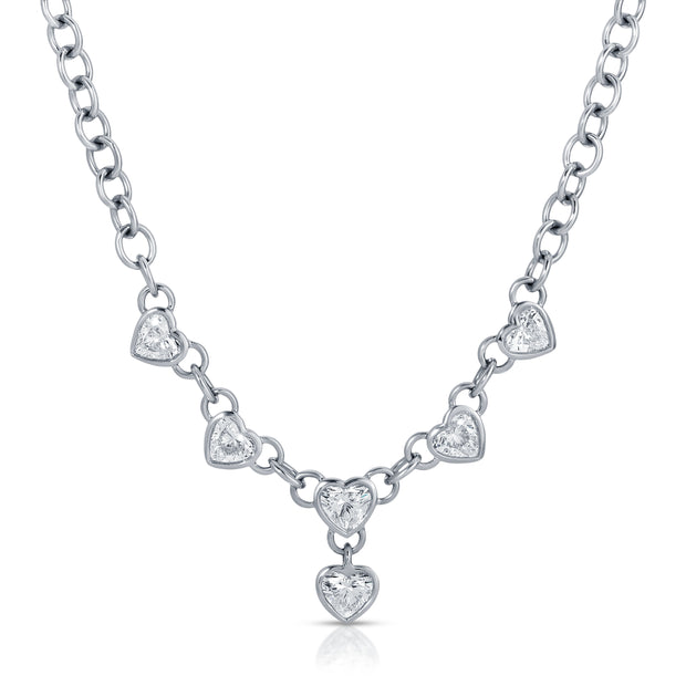 CHAIN LINK NECKLACE WITH SIX BEZELED DIAMOND HEARTS