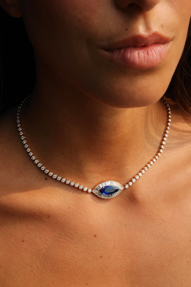 DIAMOND EVIL EYE CHOKER WITH BLUE SAPPHIRE EYE