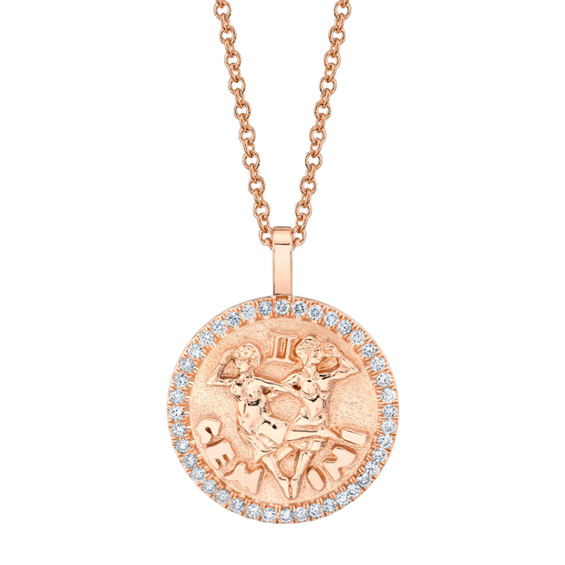 GEMINI ZODIAC COIN PENDANT WITH DIAMOND FRAME