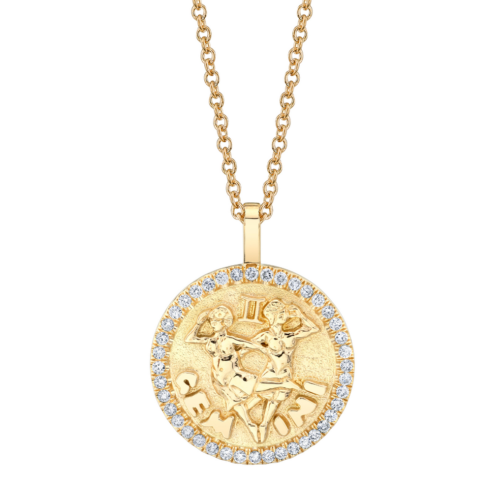 18K YELLOW GOLD GEMINI ZODIAC DIAMOND MEDALLION NECKLACE