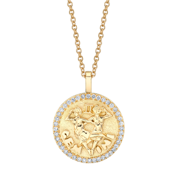 GEMINI ZODIAC COIN PENDANT WITH DIAMOND FRAME