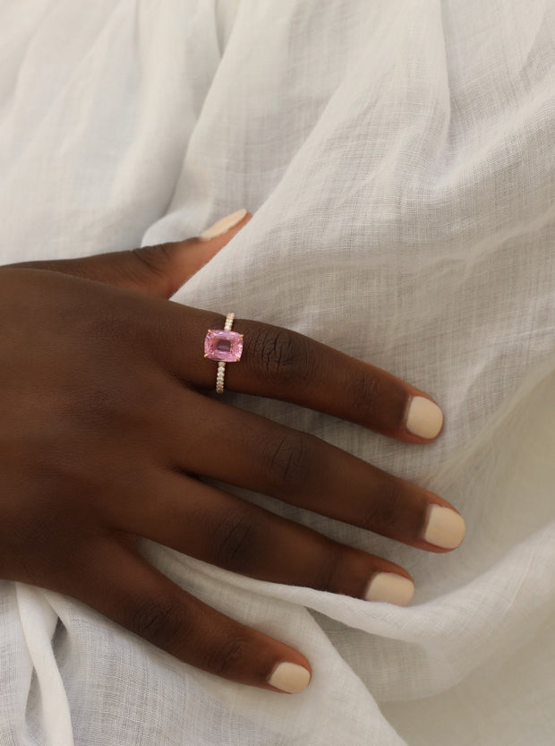 PINK SAPPHIRE CUSHION CUT RING WITH PAVE BAND