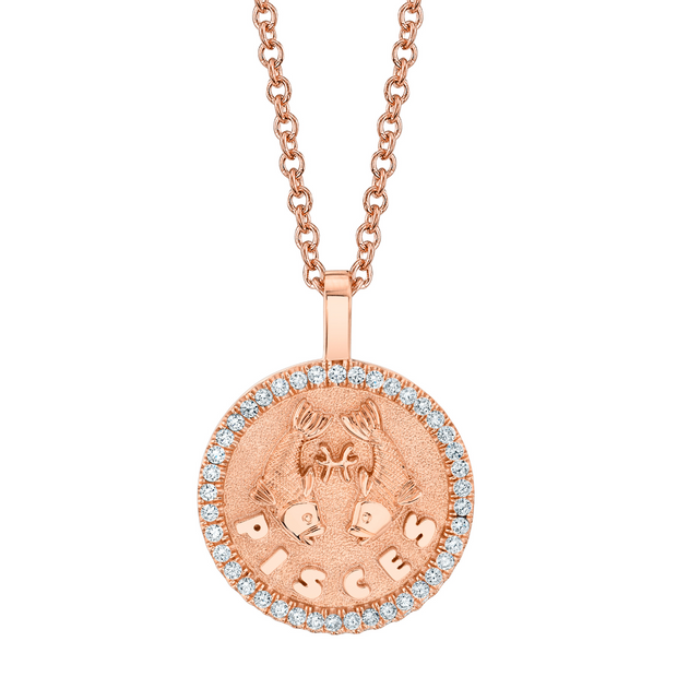 PISCES ZODIAC COIN PENDANT WITH DIAMOND FRAME