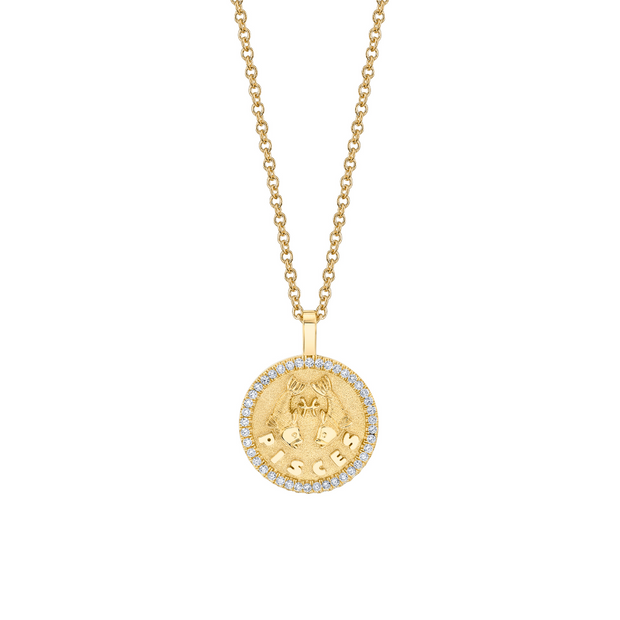 SMALL ZODIAC COIN PENDANT WITH DIAMOND FRAME