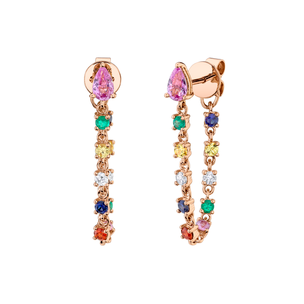 PINK SAPPHIRE PEAR, DIAMOND AND MULTI-COLORED FINE GEMSTONE LOOP EARRINGS