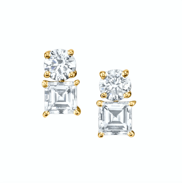 LARGE ROUND AND ASSCHER CUT TWO DOT DIAMOND EARRINGS