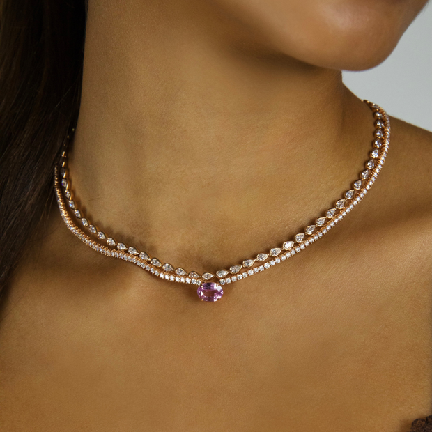 DIAMOND HEPBURN CHOKER WITH OVAL SHAPED PINK SAPPHIRE