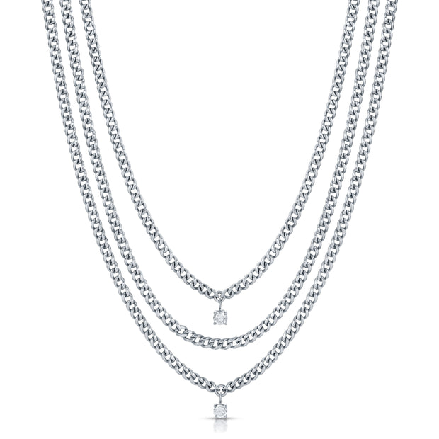 THREE LAYERED CHAIN CUBAN LINK NECKLACE WITH TWO ROUND DIAMONDS