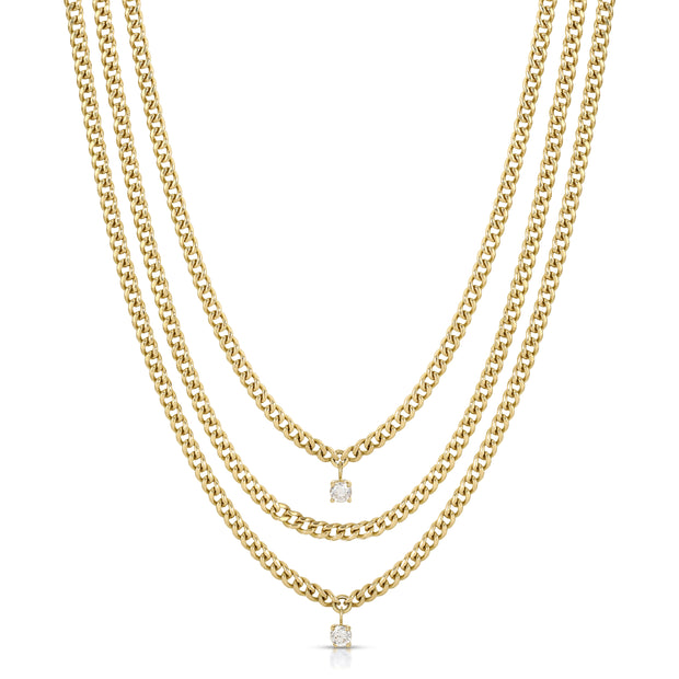 THREE LAYERED CHAIN CUBAN LINK NECKLACE WITH TWO ROUND DIAMONDS