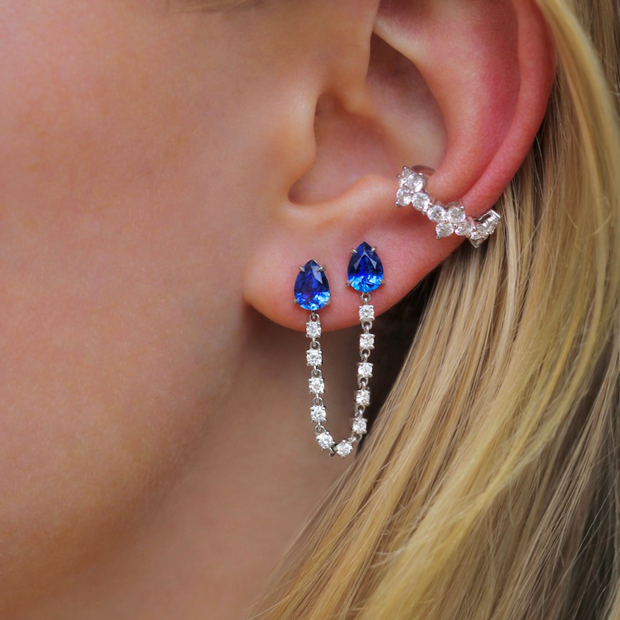 DOUBLE PIERCING EARRING WITH PEAR SHAPED BLUE SAPPHIRES