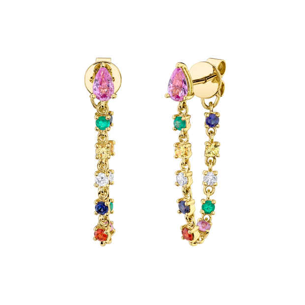 PINK SAPPHIRE PEAR, DIAMOND AND MULTI-COLORED FINE GEMSTONE LOOP EARRINGS