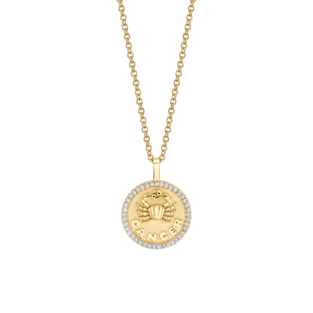 SMALL ZODIAC COIN PENDANT WITH DIAMOND FRAME