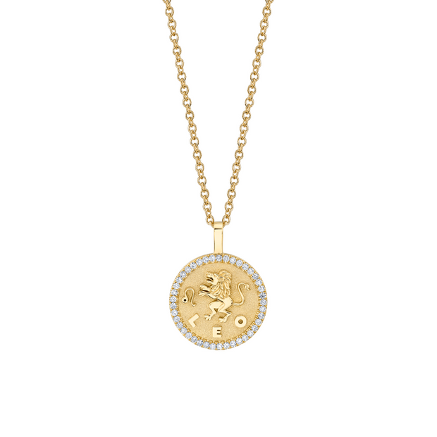 SMALL ZODIAC COIN PENDANT WITH DIAMOND FRAME